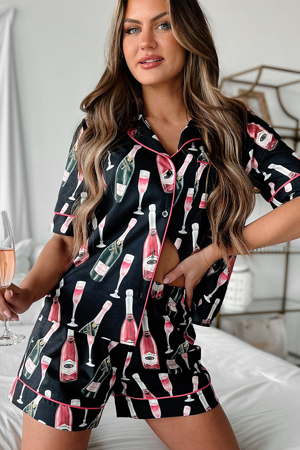 Black Champagne Print Silky Short Sleeve Pajamas Set