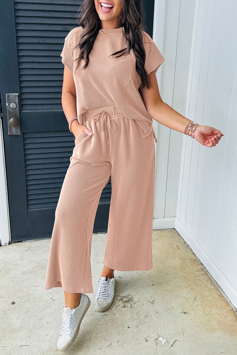 Smoke Gray Short Sleeve T Shirt and Wide Leg Pants Set