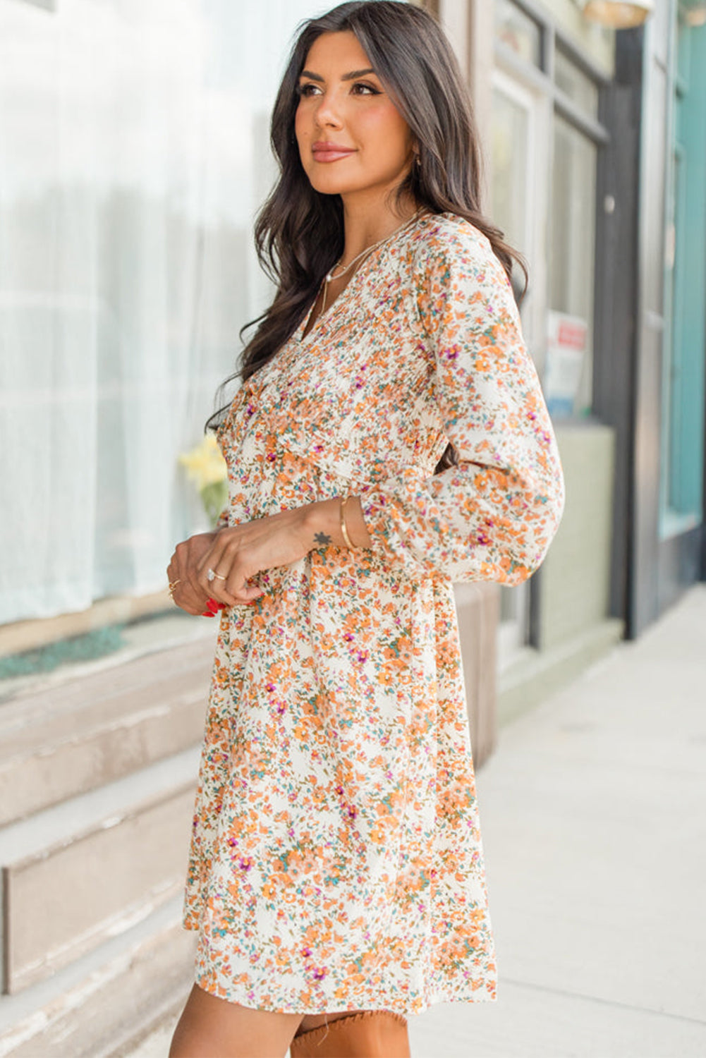 Yellow Boho Floral Long Sleeve Mini Dress