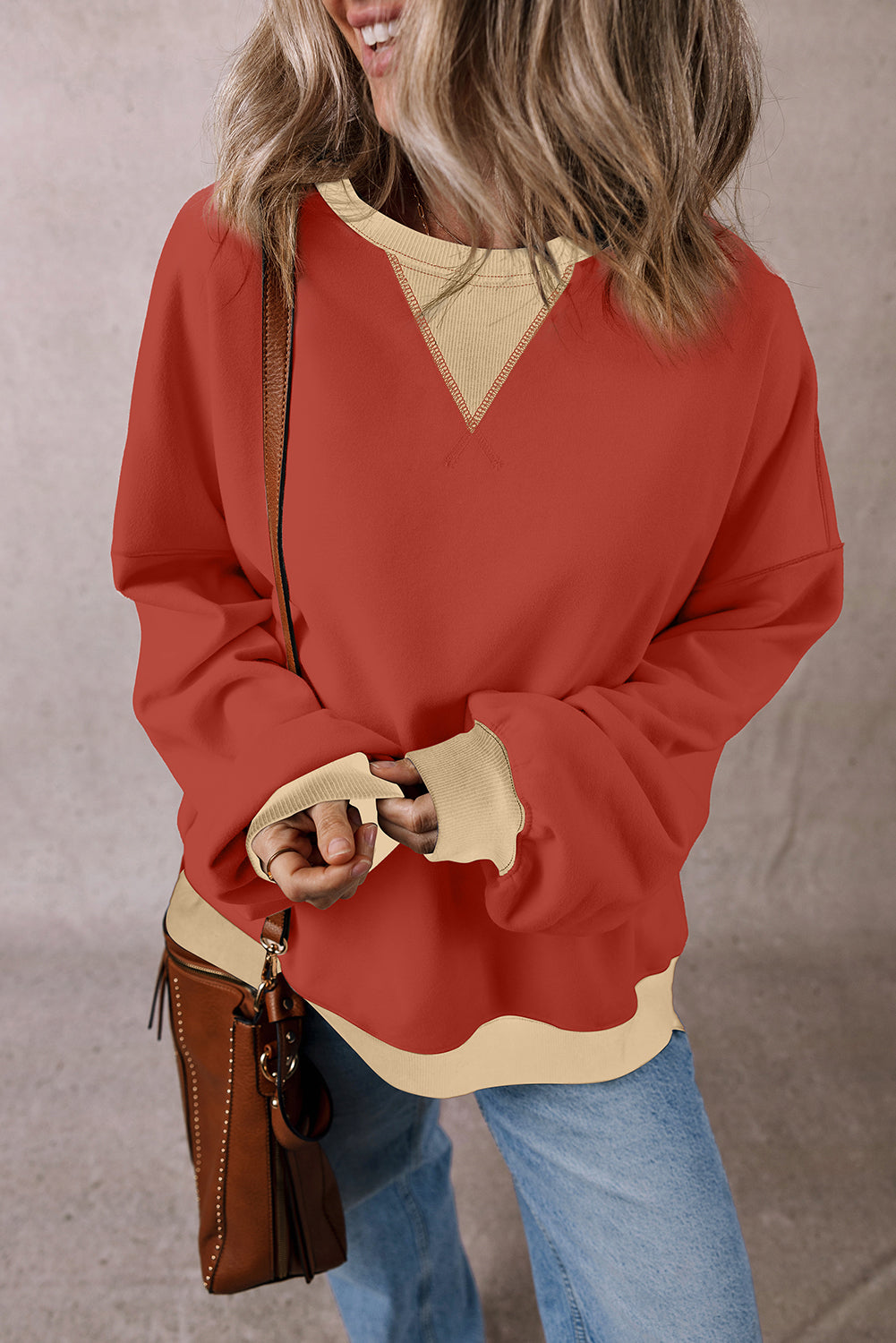 Oversized Sweatshirt Color Block Patch Drop Shoulder