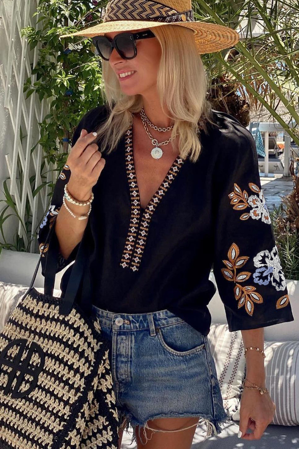 Black Bohemian Floral Embroidered V Neck Blouse