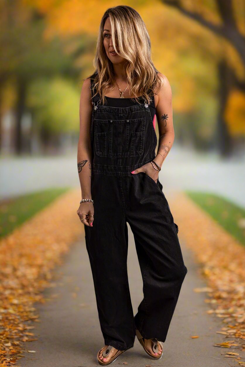 Black Adjustable Buckle Straps Denim Overalls