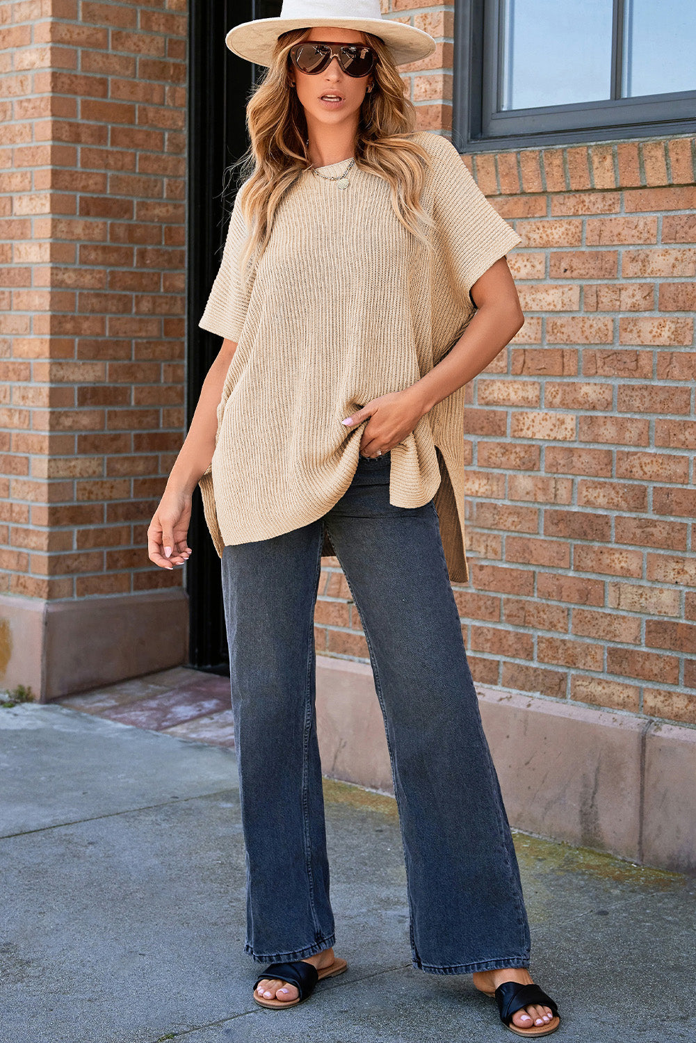 Short Sleeve Side Slit Oversized Sweater