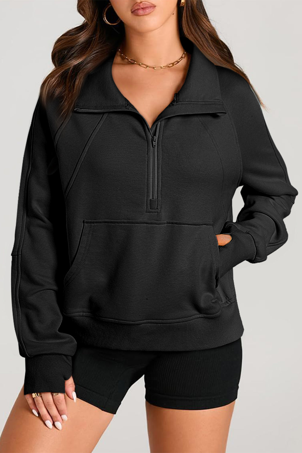 Quarter Zip Stand Neck Kangaroo Pocket Sweatshirt