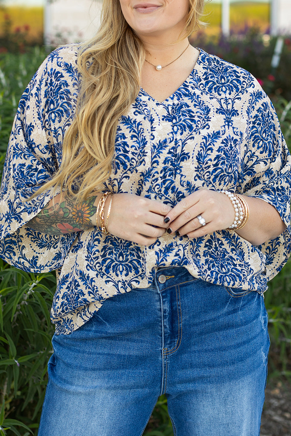 Blue Printed 3/4 Sleeve V Neck Loose Blouse in CURVY SIZE ONLY