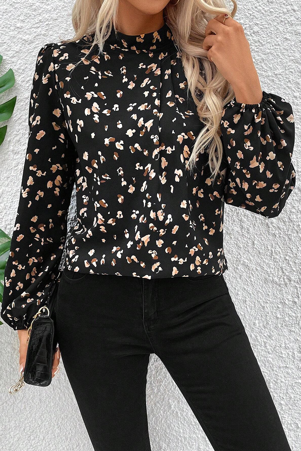 Leopard Print Lantern Sleeve Mock Neck Pleated Blouse