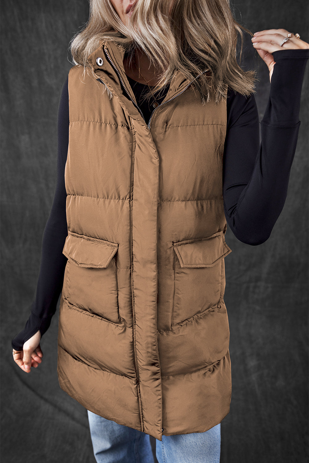 Windproof Longline Full Zipper Puffer Vest with Pockets