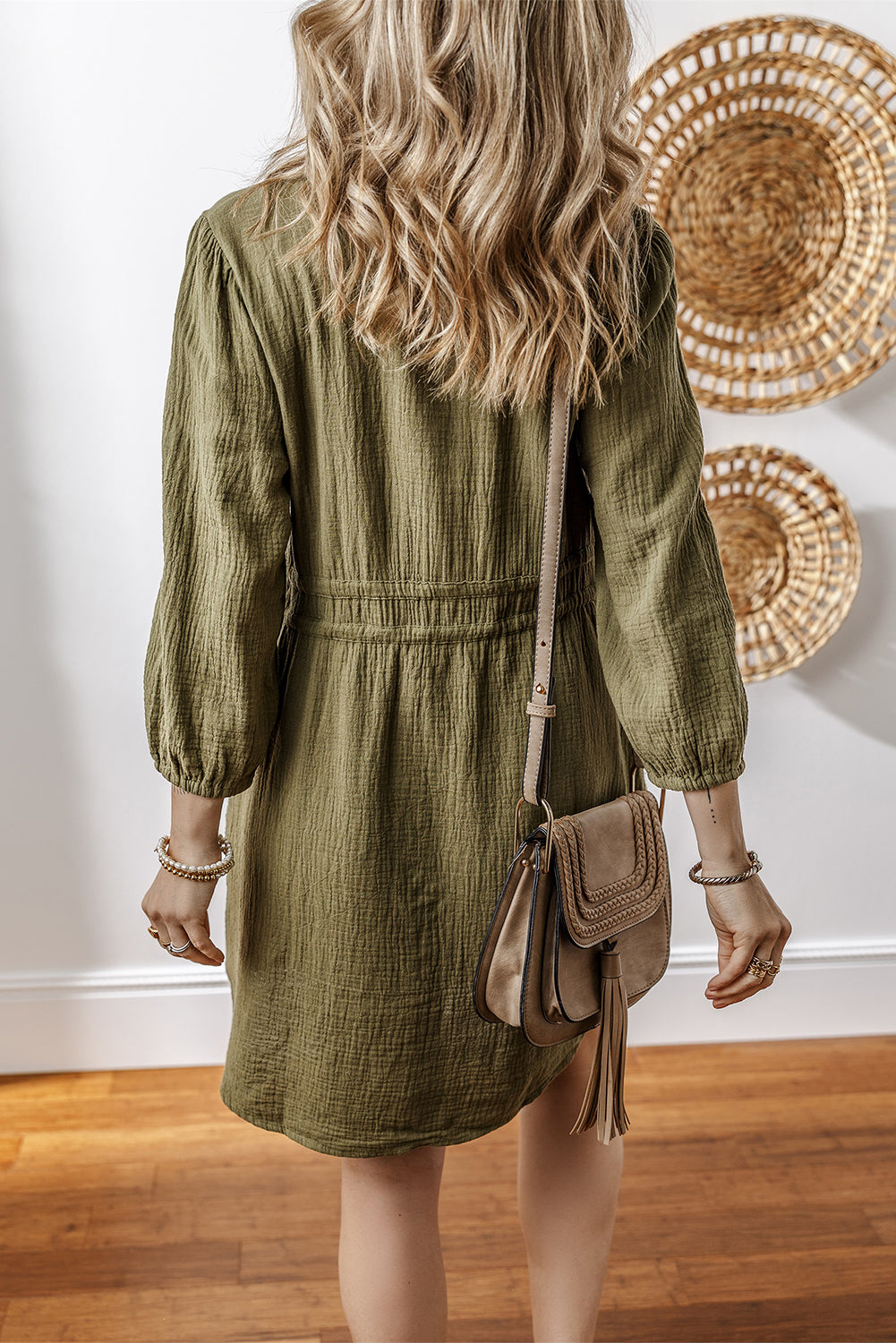 Jungle Green Textured Bracelet Sleeve Collared Button Up Mini Dress