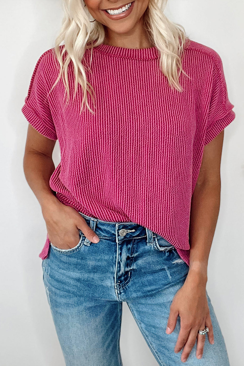 Textured Knit Exposed Stitching Shirt in rose red