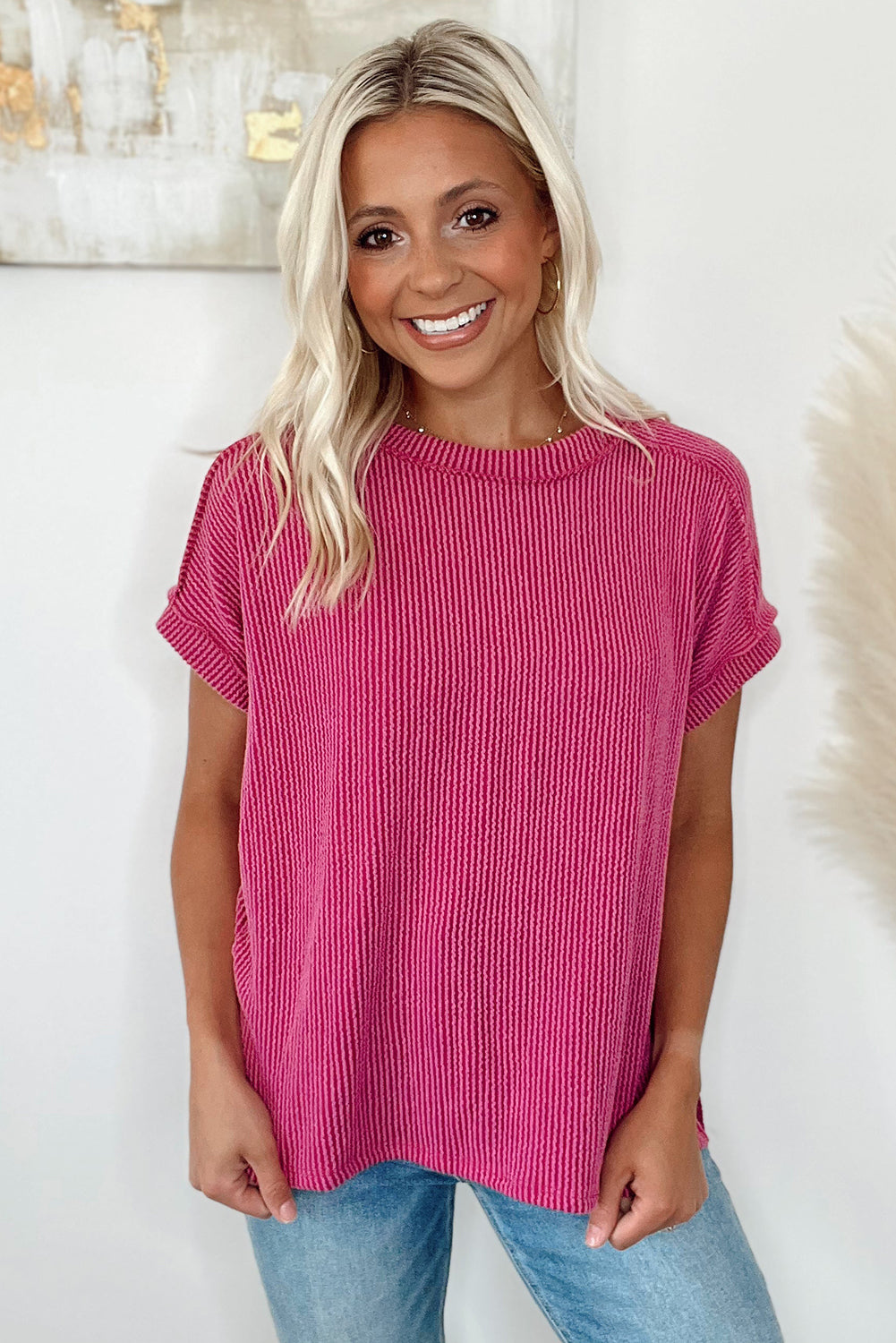 Textured Knit Exposed Stitching Shirt in rose red