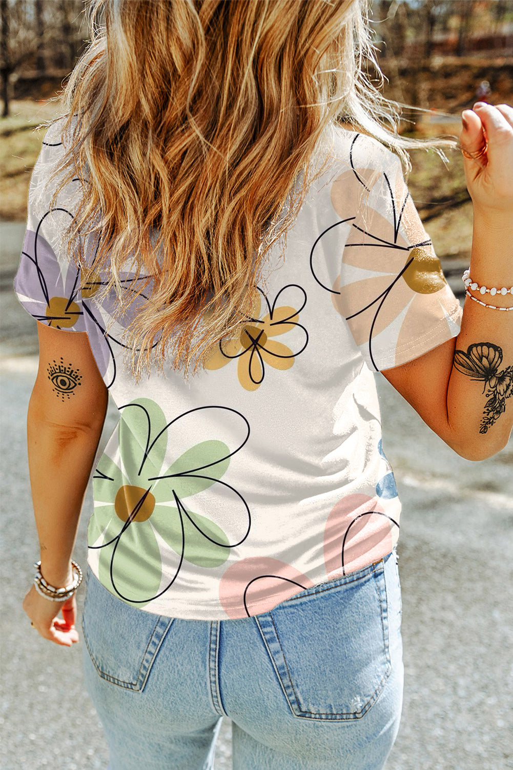 Beige Flower Print Casual Round Neck T Shirt