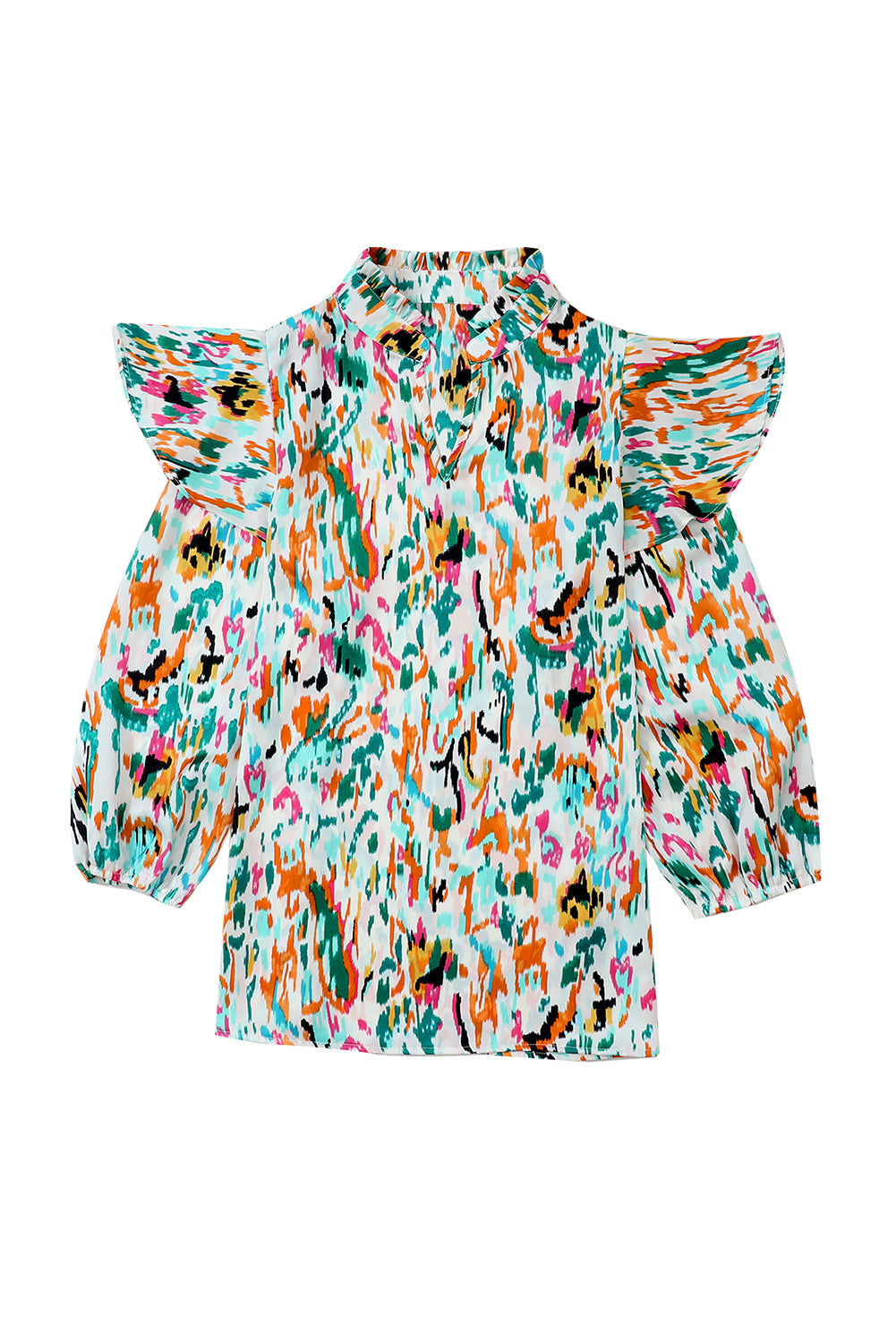 Multicolor Abstract Print 3/4 Puff Sleeve Ruffle Blouse in Teal Multicolor