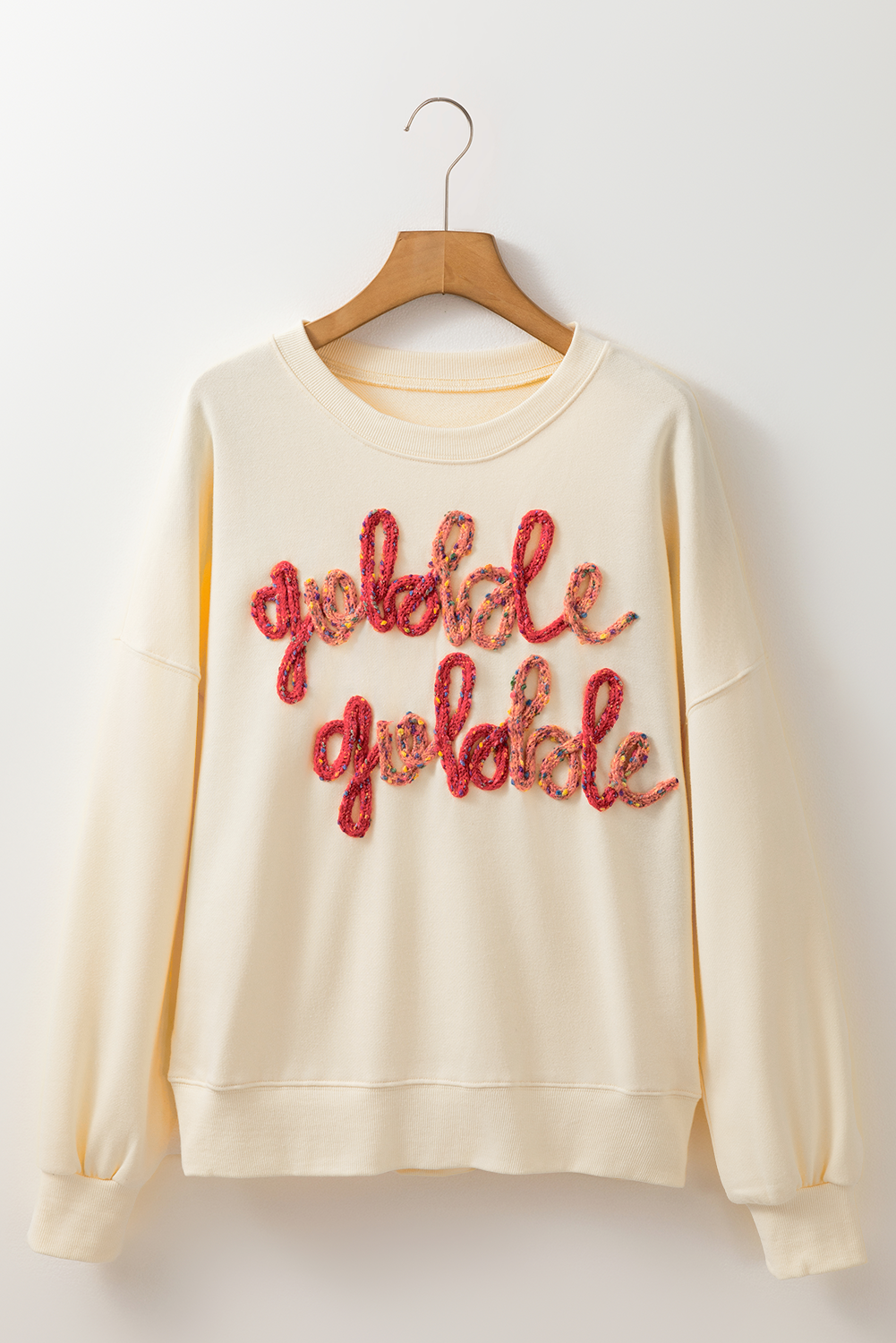 Apricot Thanksgiving Gobble Gobble Embroidered Sweatshirt