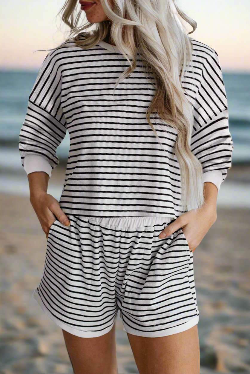 Black Stripe Textured 3/4 Sleeve Top and Shorts Set