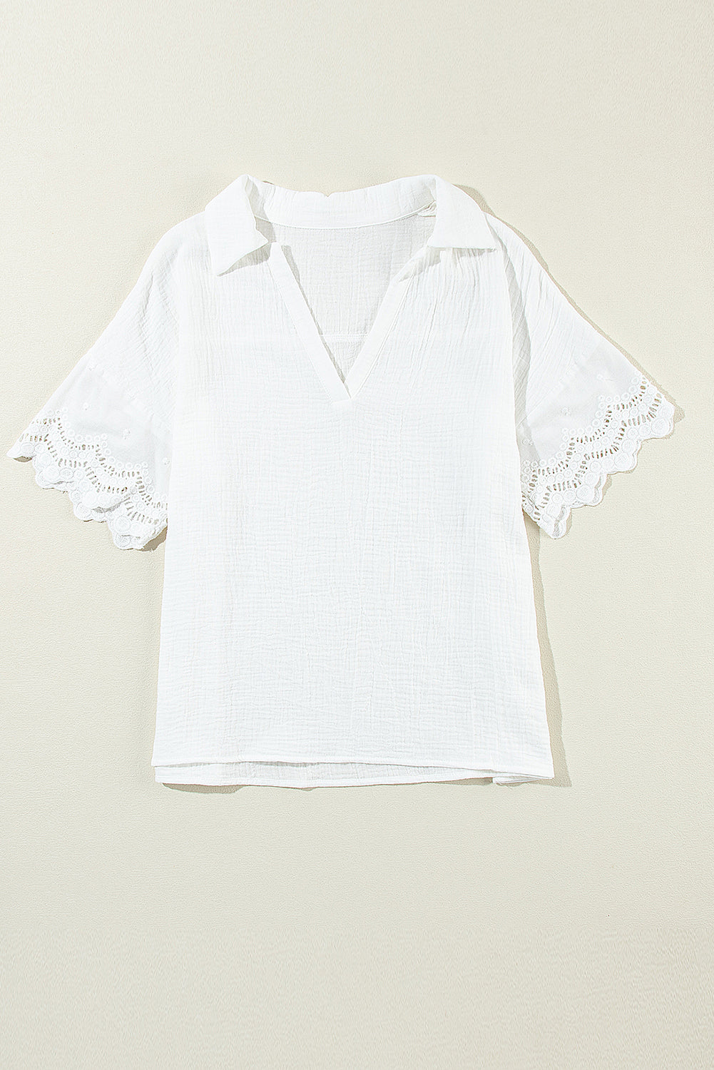 White Crinkled Lace Splicing Sleeve Collared V Neck Blouse