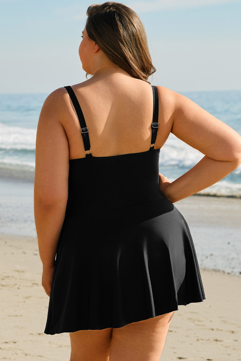 Black Pleated Ruffled One Piece Swim Dress in CURZY SIZE ONLY