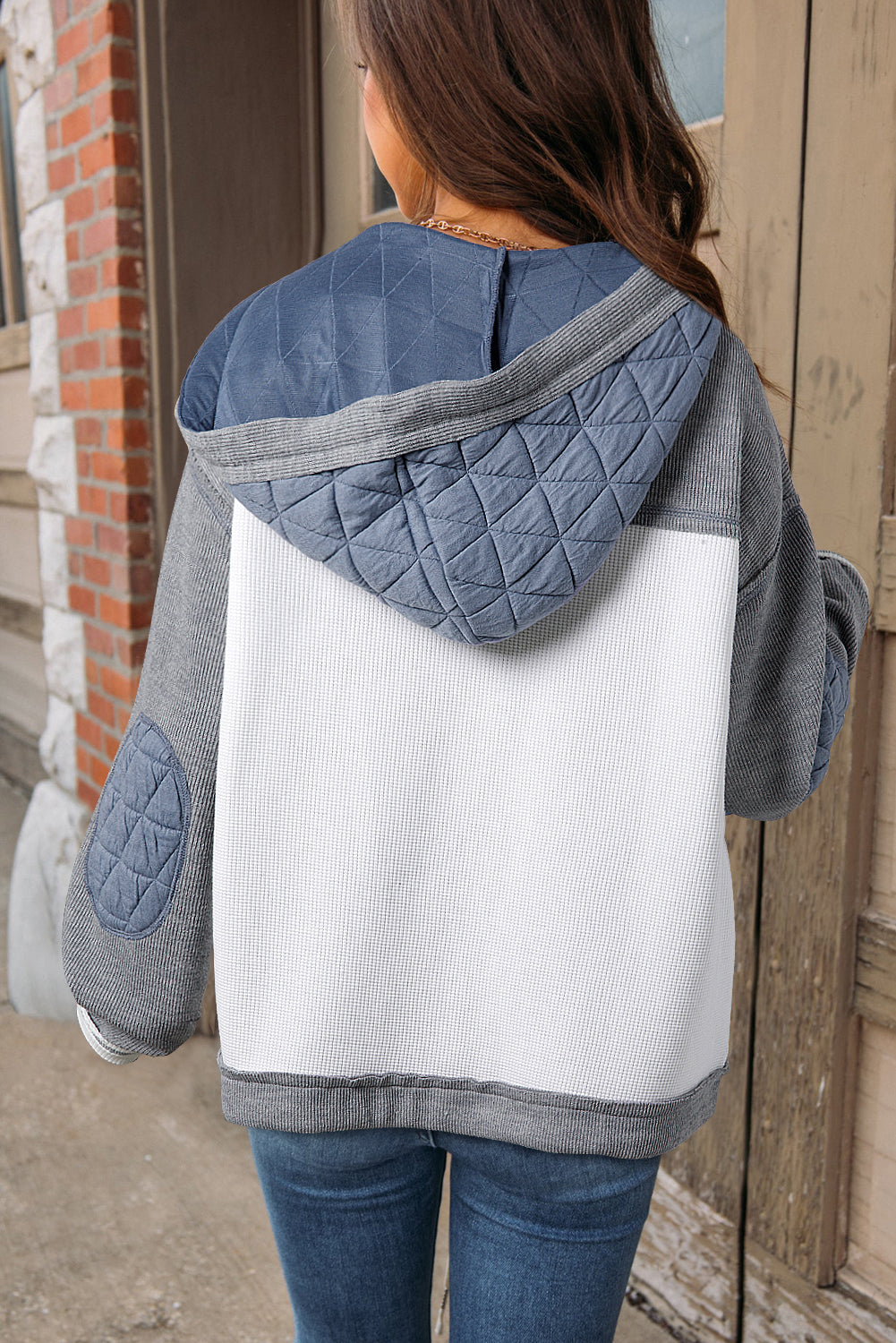 Quilted Textured Patchwork Loose Fit Hooded Jacket