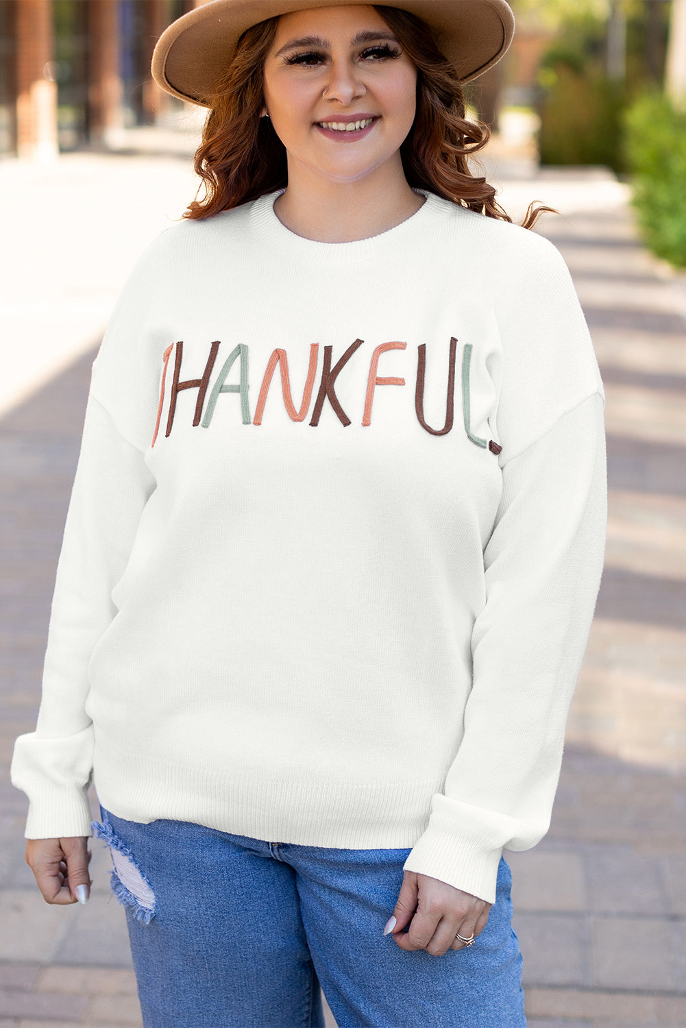 White Thankful Embroidered Sweater in CURVY SIZE ONLY