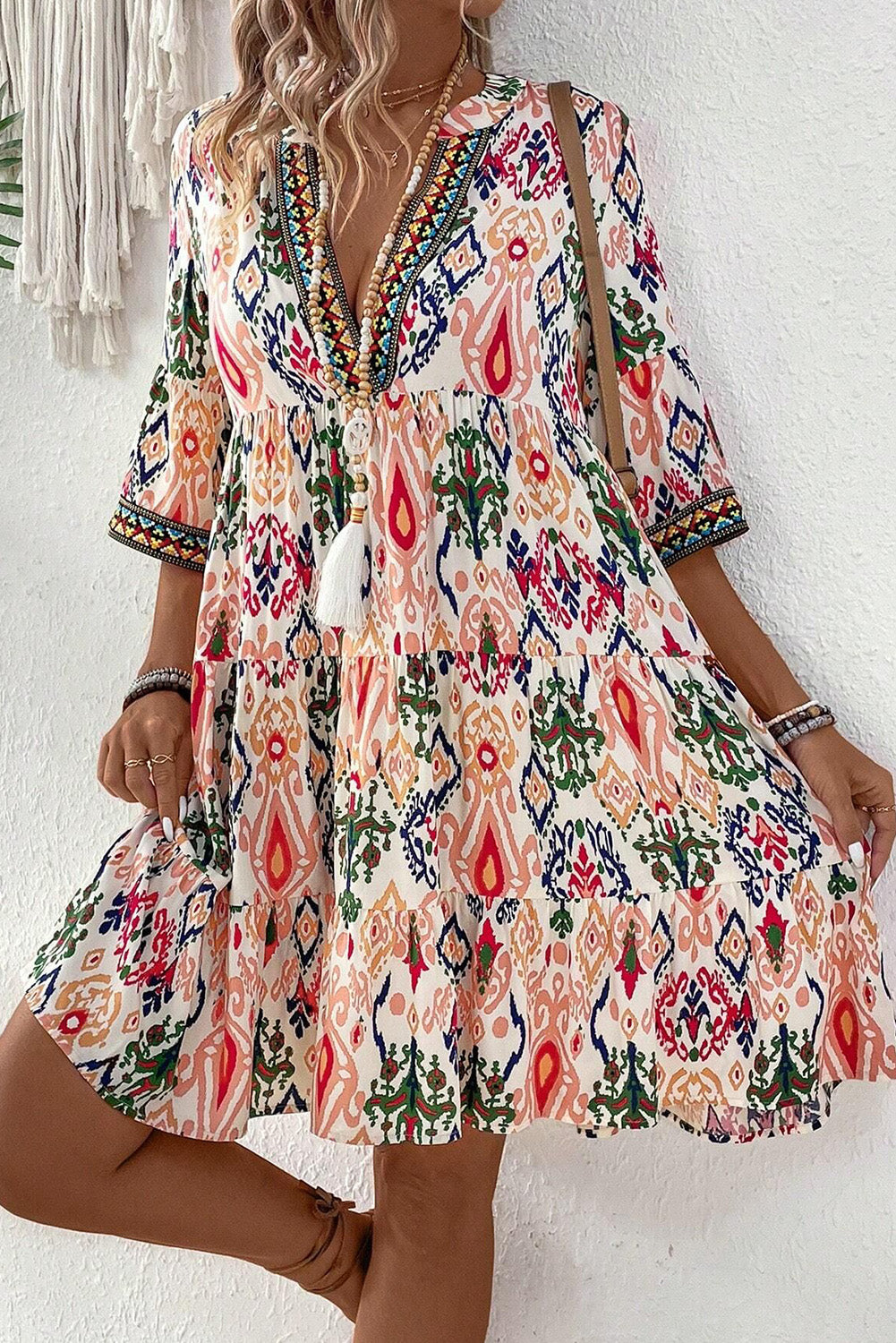 Boho Print V Neck Bracelet Sleeve Mini Dress