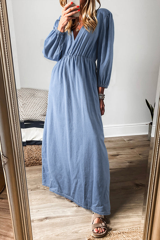 Chambray Deep V Neck Bracelet Sleeve Maxi Dress