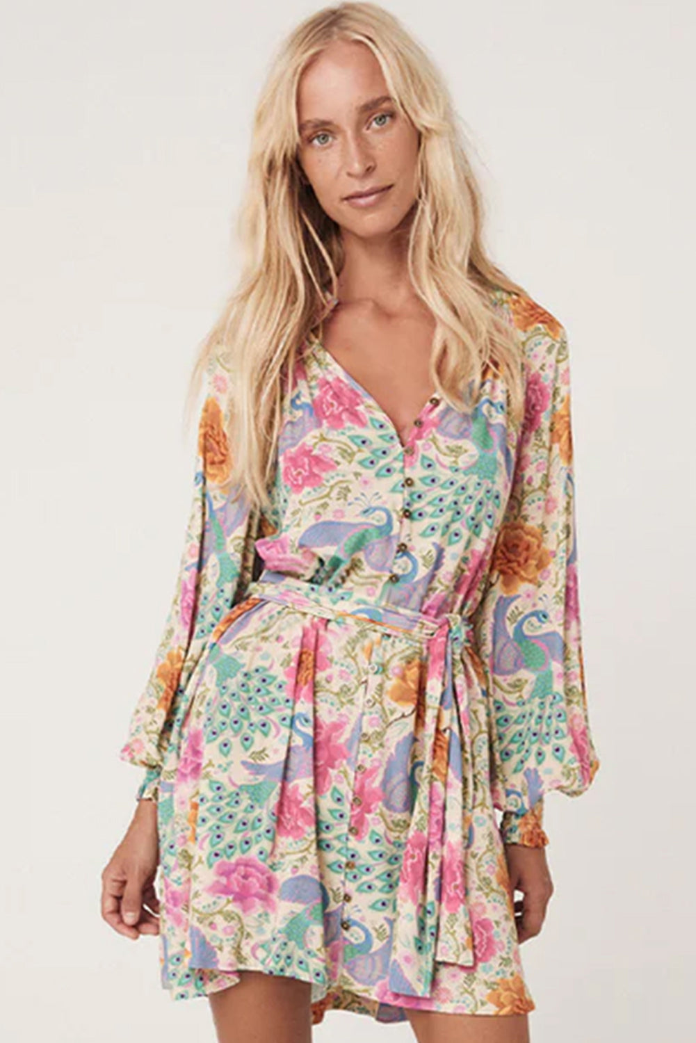 Floral Print Bubble Sleeve Buttoned V Neck Mini Dress