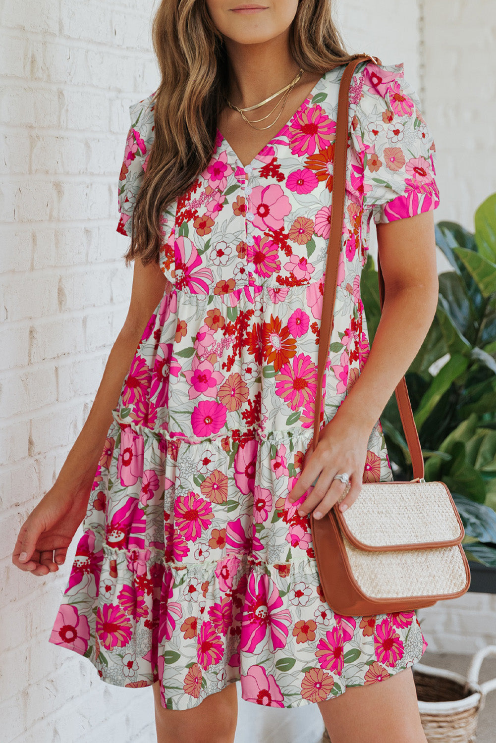 Pink Floral Print Patchwork Frill Tiered Shift Dress