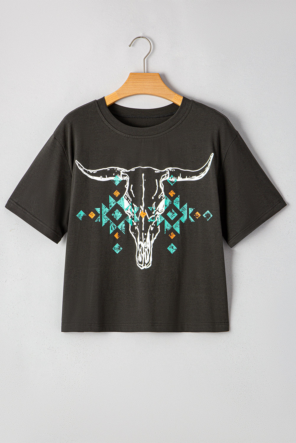 Carbon Grey Vintage Western Bull Head Skull Turquoise Aztec T Shirt