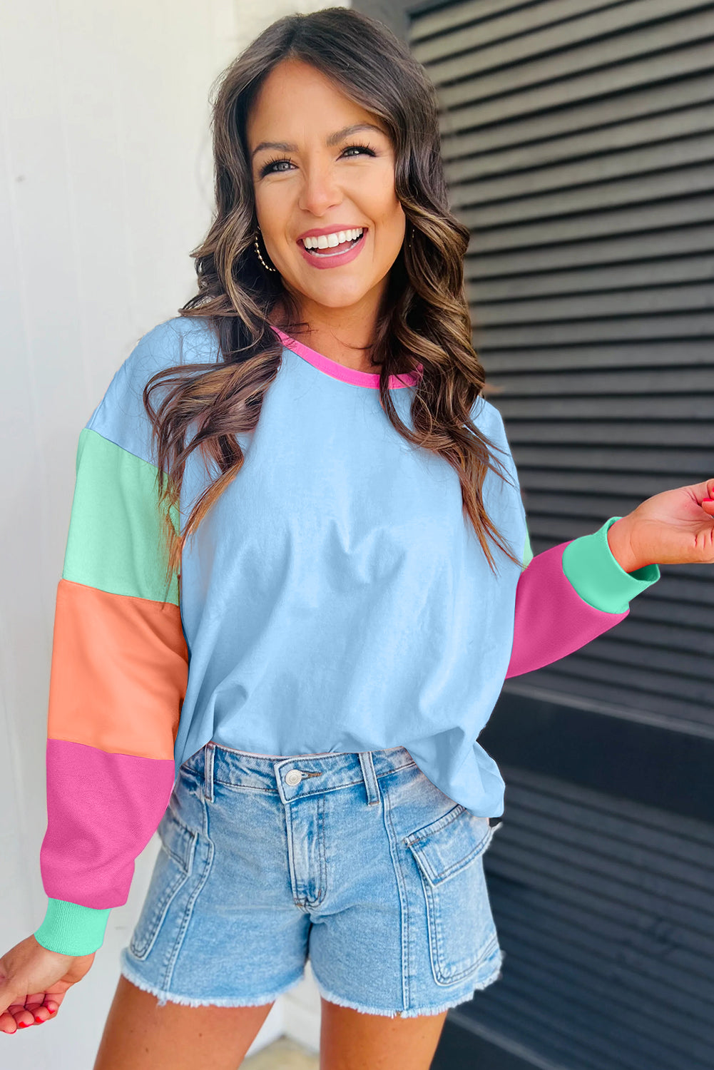 Color Block Patchwork Long Sleeve Loose Top