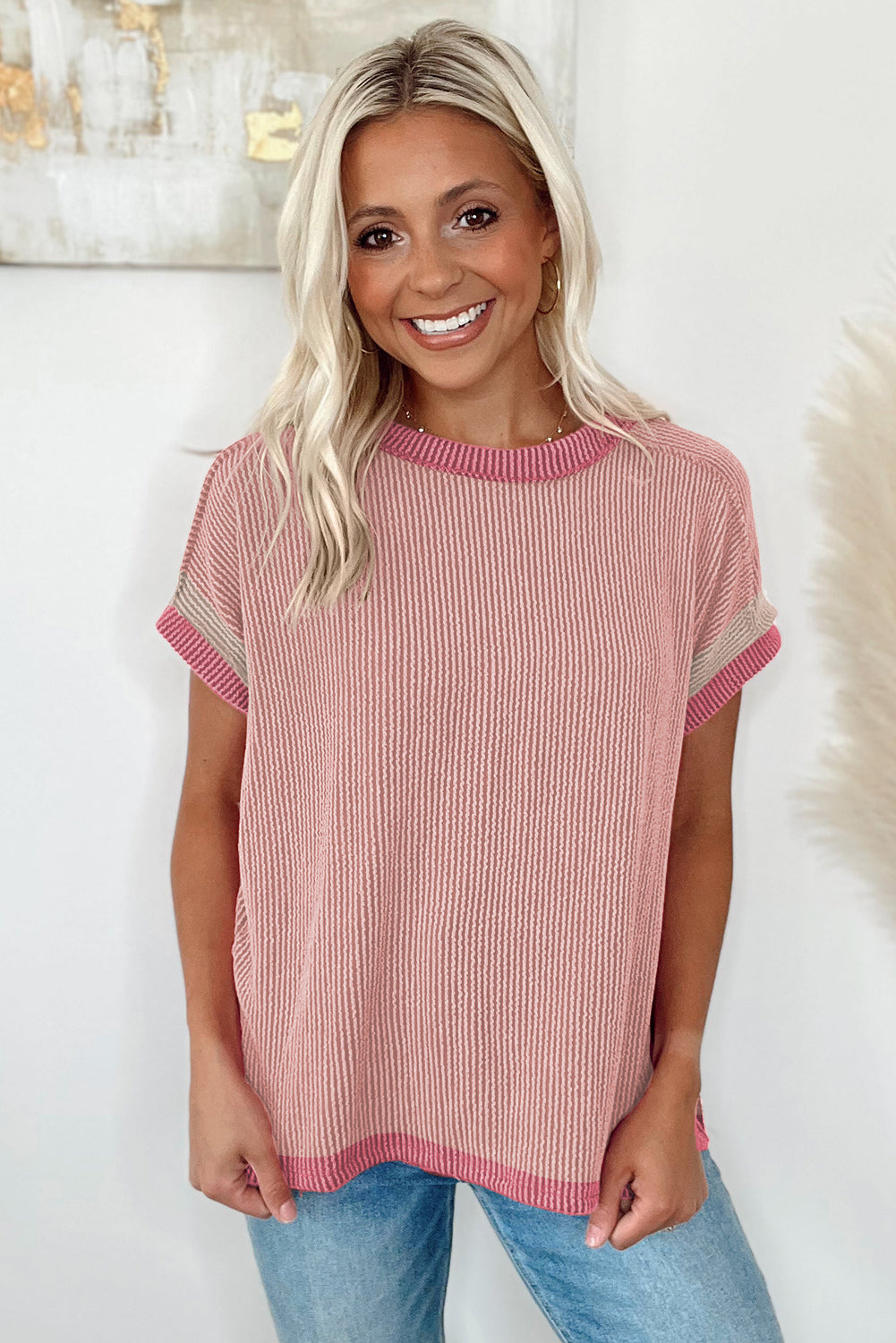 Textured Contrast Trim Round Neck T Shirt