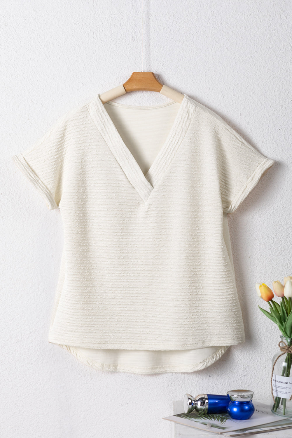 Textured Wide Sleeve V Neck Shirt