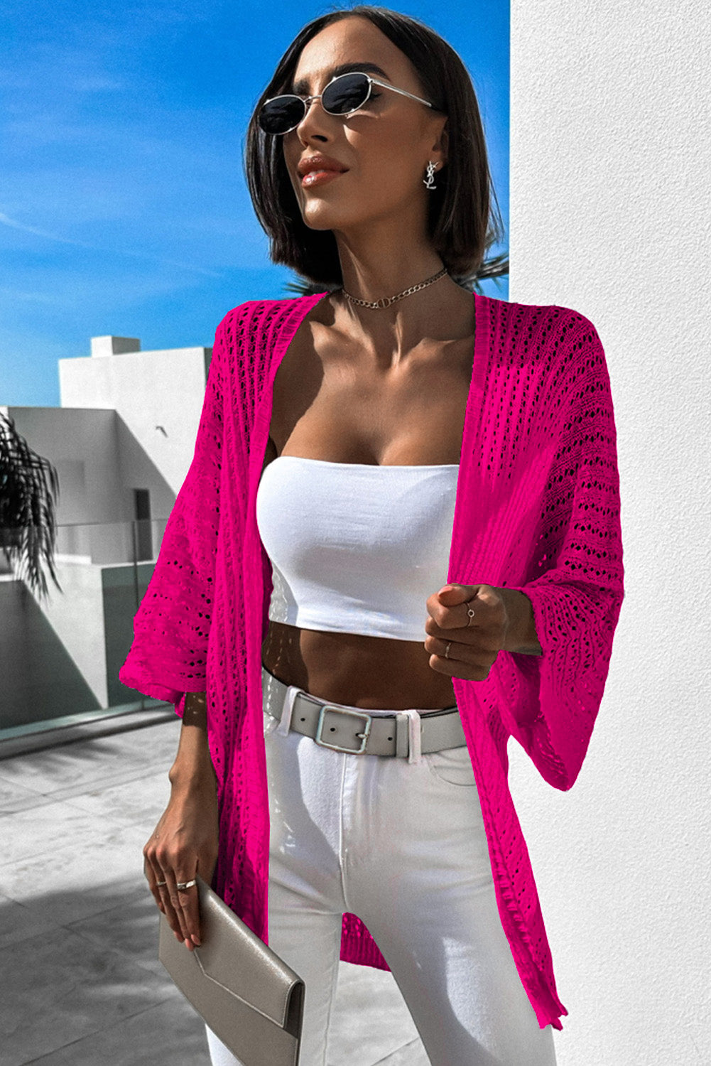 Hollow-out Knit Kimono Lightweight Cardigan in  Rose
