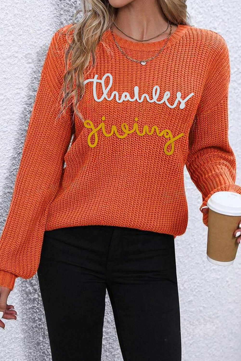 Thanks Giving Letter Graphic Crew Neck Sweater