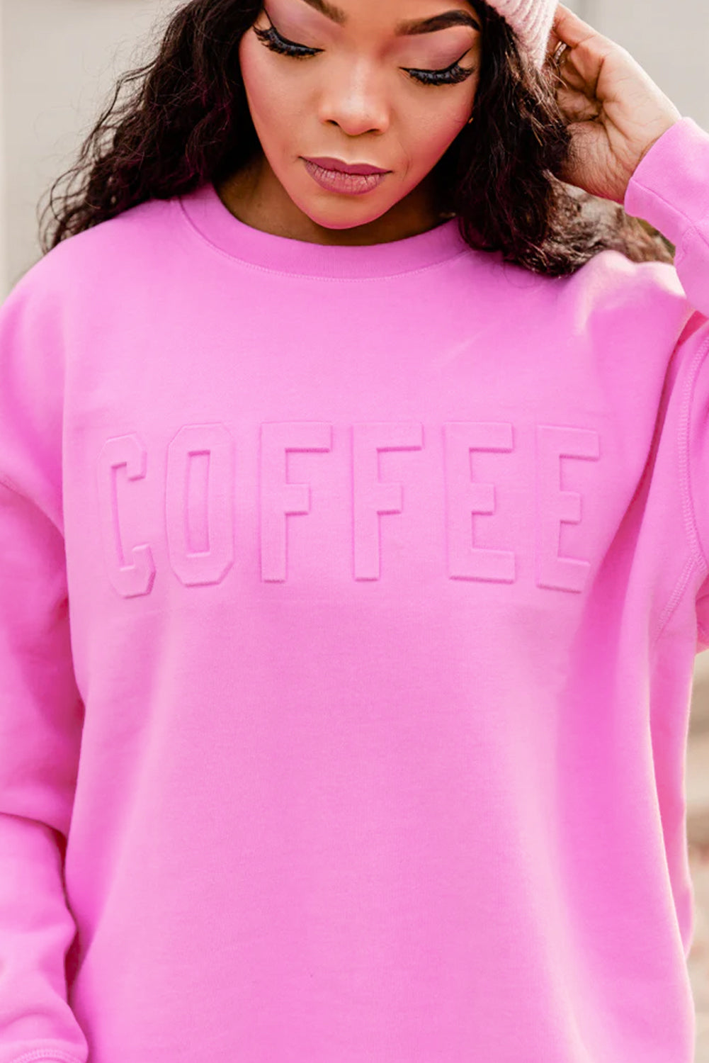 Bright Pink COFEE Letter Embossed Casual Sweatshirt