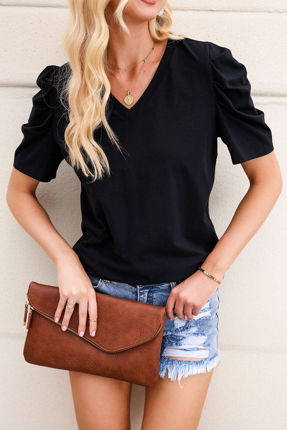 Fiona Puff Sleeve V-Neck T-Shirt in Black