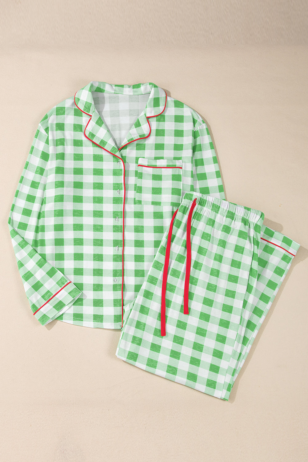 Green Plaid Print Long Sleeve Pajama Set in CURVY SIZE ONLY