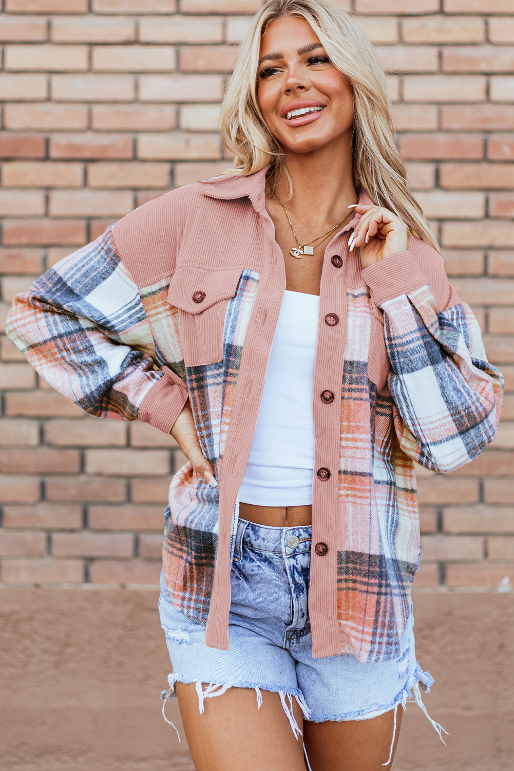 pink Plaid Corduroy Patchwork Chest Pocket Shacket