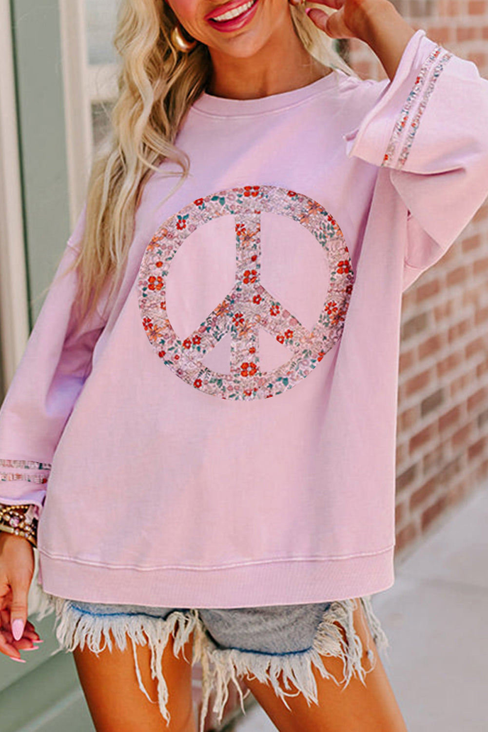 Light Pink Floral Peace Sign Graphic Casual Top