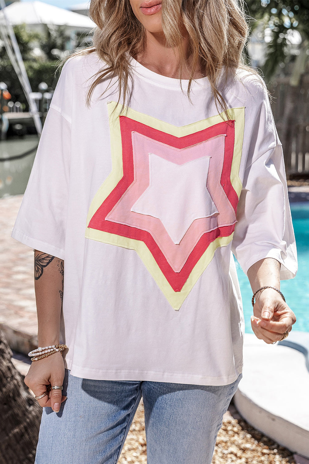 Star Patched Half Sleeve Oversized Tee in White