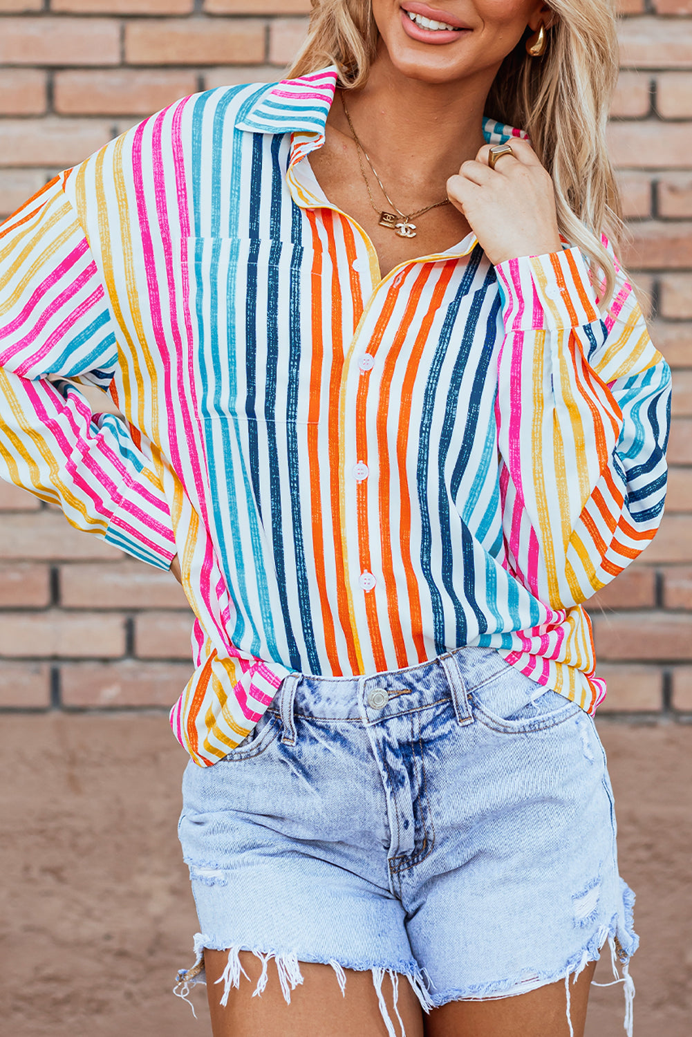 Orange Stripe Multicolor Loose Shirt