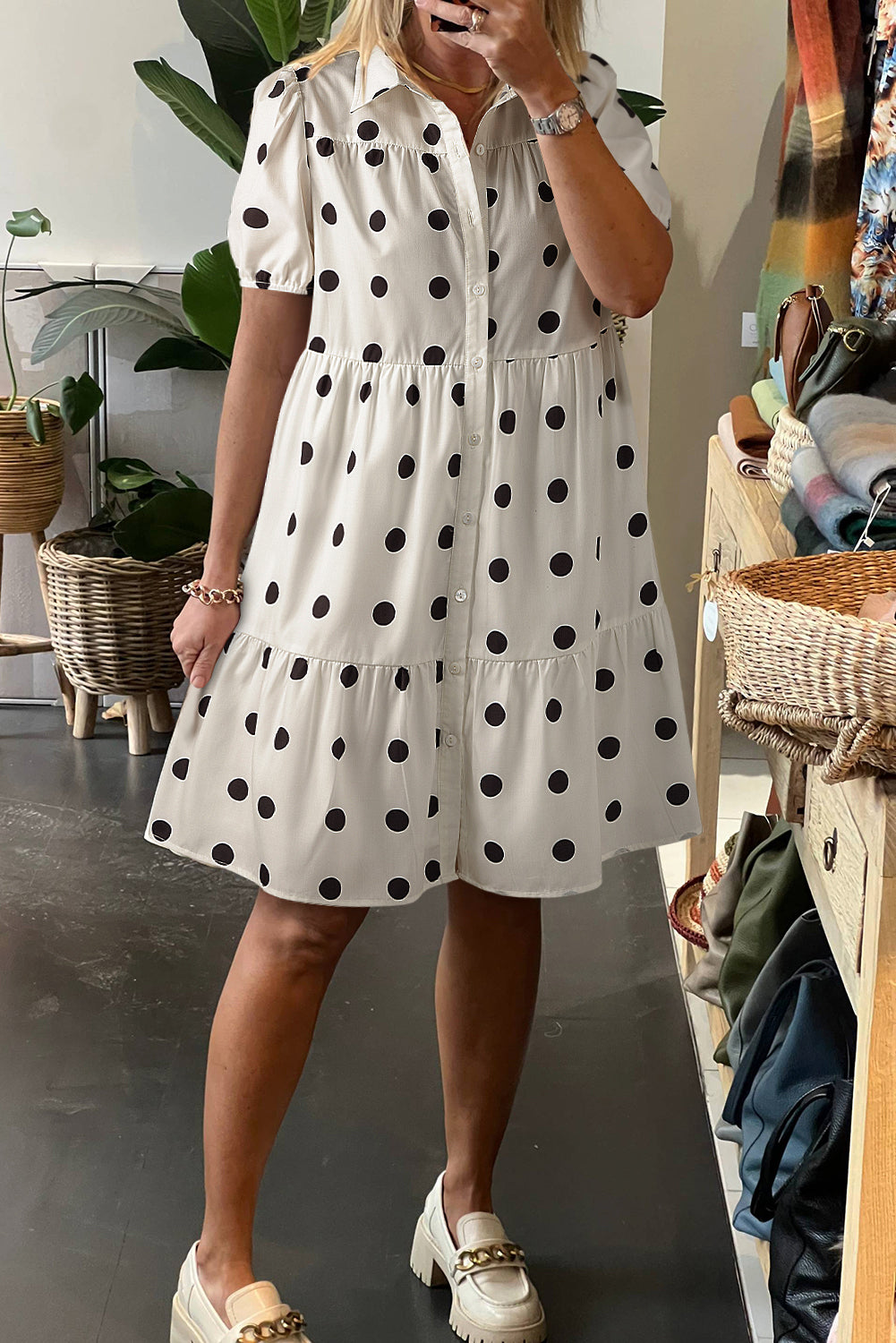 White Polka Dot Print Short Sleeve Collar Buttoned Tiered Babydoll Dress