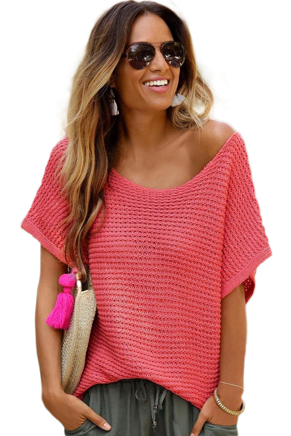 Solid Loose Knit Short Dolman Sleeve Sweater