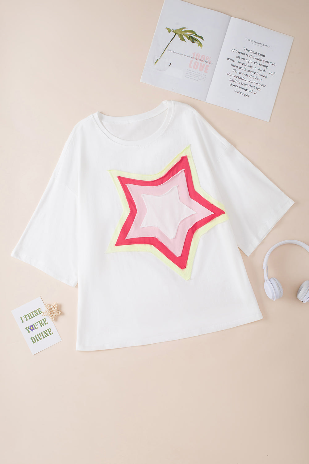 Colorblock Star Patched Half Sleeve Oversized Tee