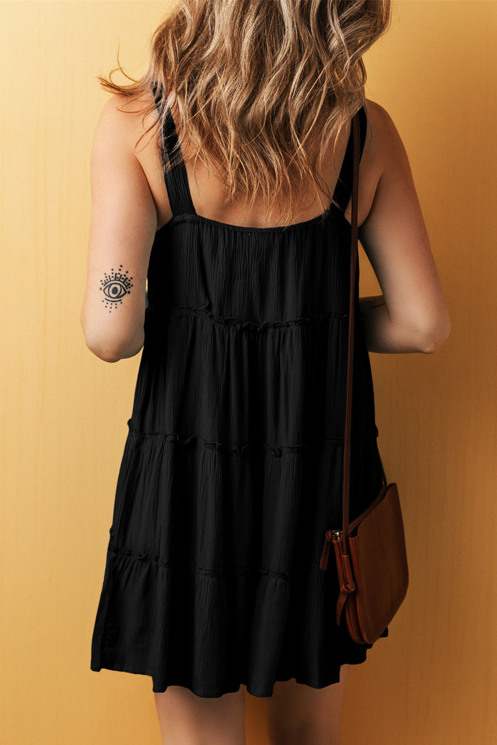 Black Button V-Neck Frilly Tiered Sleeveless Dress