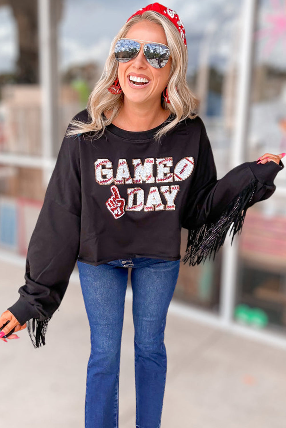 Black GAME DAY Sequined Tasseled Cropped Sweatshirt