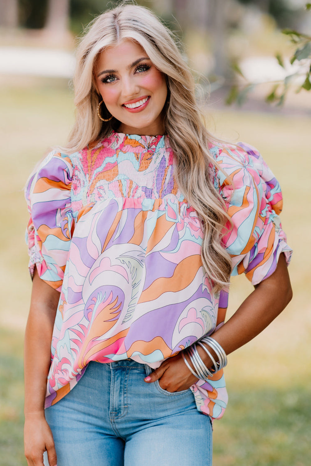 Pink Abstract Blouse with Bubble Sleeve