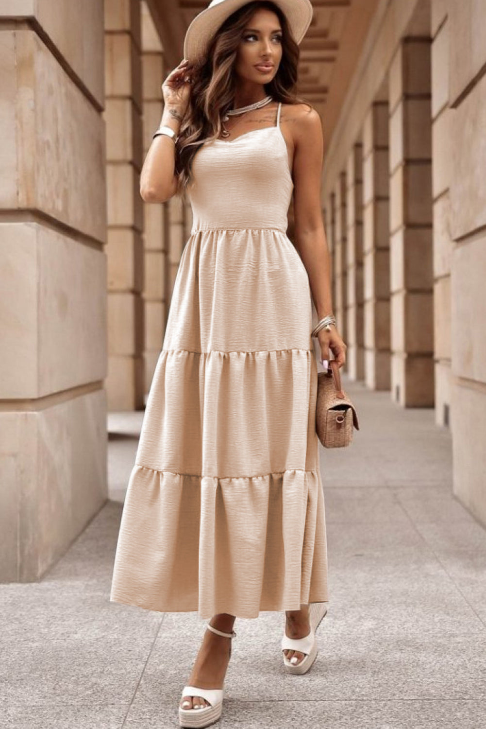 Oatmeal Crossover Backless Bodice Tiered Maxi Dress