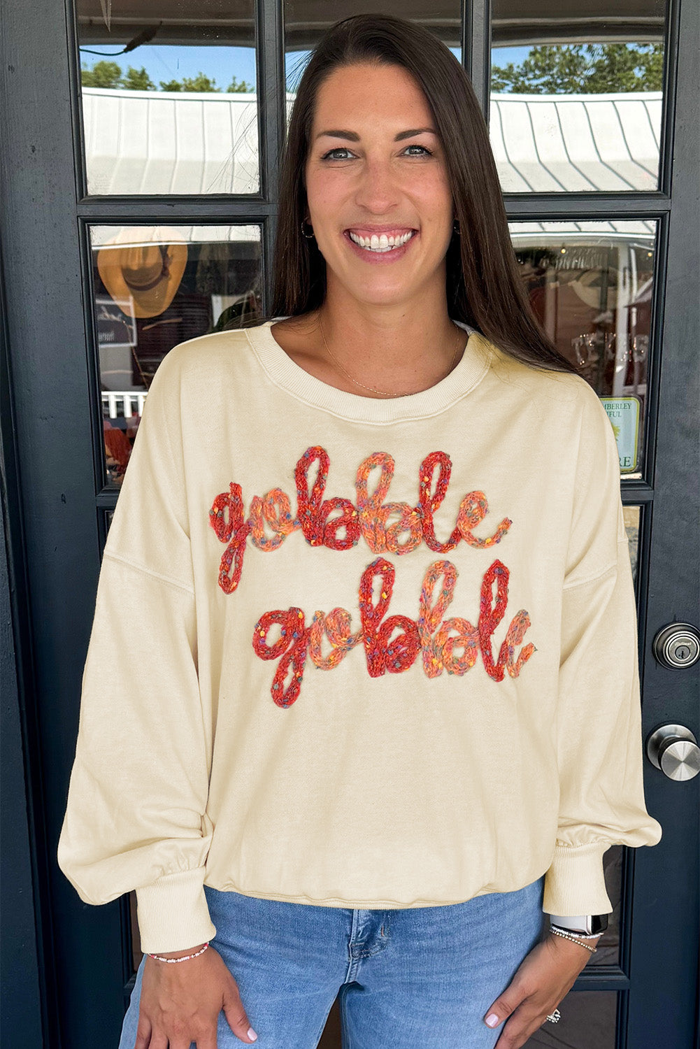 Apricot Thanksgiving Gobble Gobble Embroidered Sweatshirt