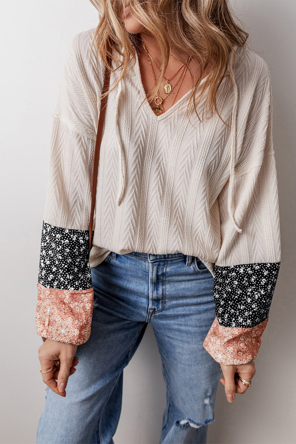 Beige Floral Patchwork Textured Knit Drawstring V Neck Top