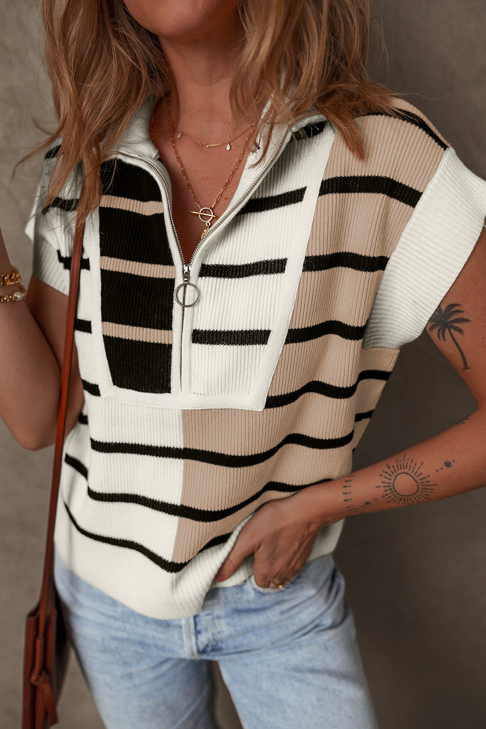 Black Stripe Quarter Zip Collar Short Sleeves Sweater