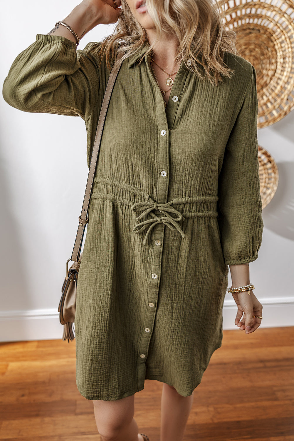 Jungle Green Textured Bracelet Sleeve Collared Button Up Mini Dress